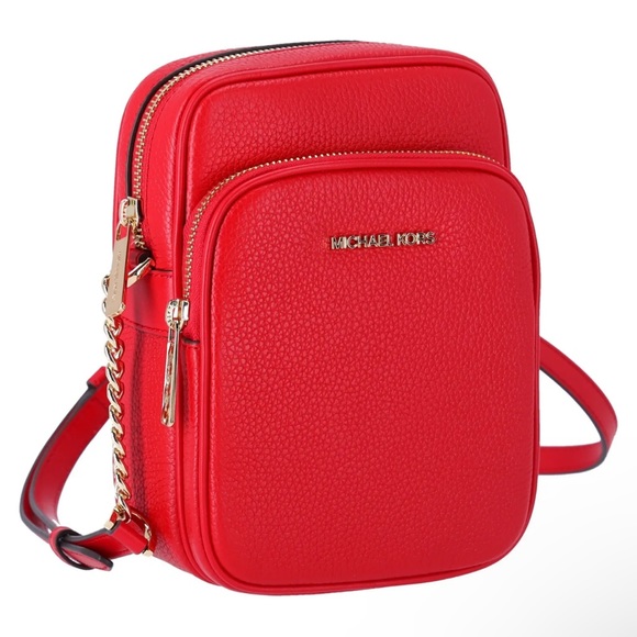 Michael Kors Handbags - Michael Kors Jet Set Flight Bag Crossbody Pebbled Leather Gold Bright Red